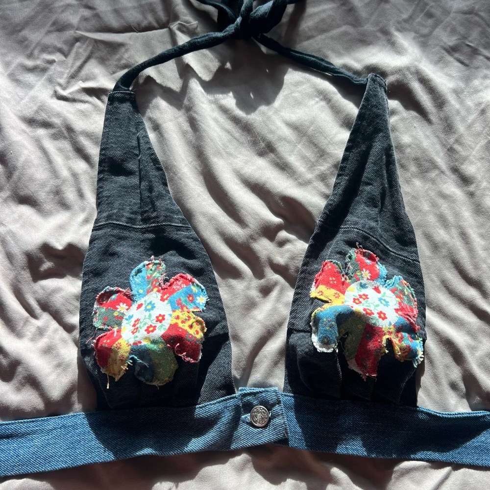 Patchwork Denim Halter Top